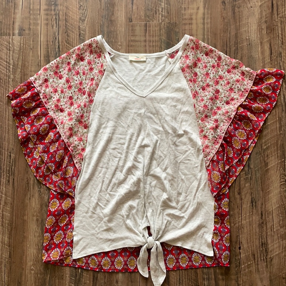 Boho Floral Top Mixed Prints Tie Front Sz. L